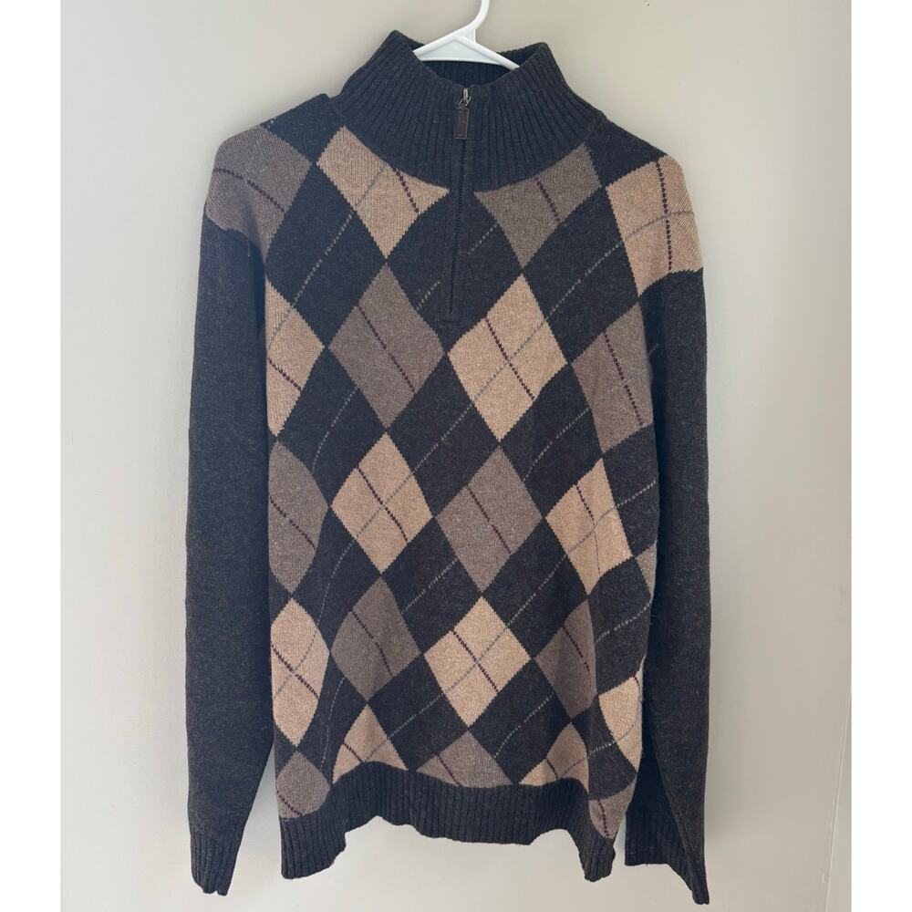 J. Crew Men's Lambswool Quarter Zip Sweater Brown Argyle Heritage Academia Sz XL